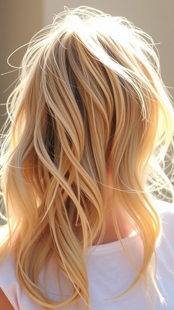 A beautiful sunlit blonde hairstyle with natural waves and texture