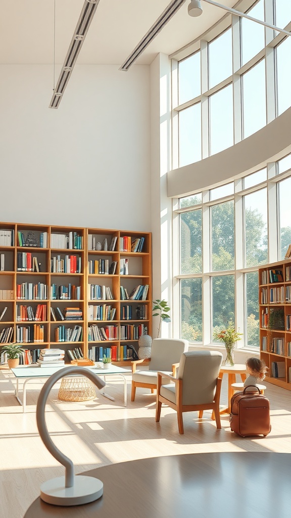 A cozy library corner with large windows, bookshelves, and soft seating
