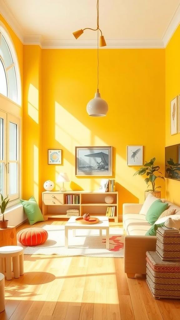 A bright and cheerful living room with sunny yellow walls, showcasing a cozy sofa and decorative elements.