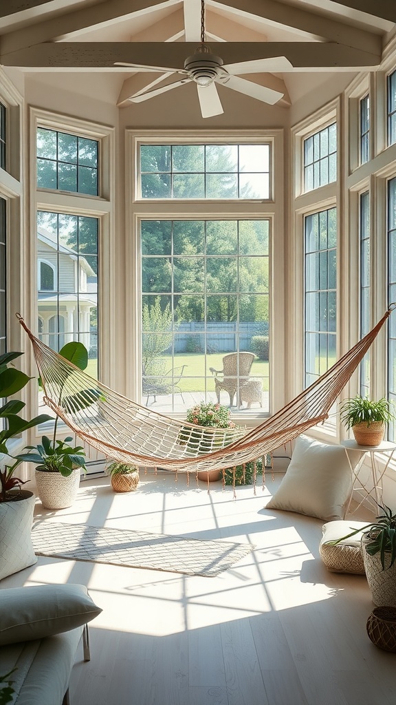 A sunroom featuring a hammock, plants, and large windows.