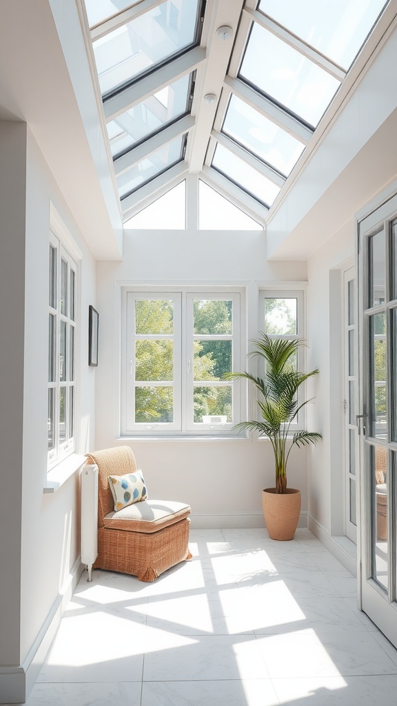 A bright sunroom with skylights and a cozy seating area.