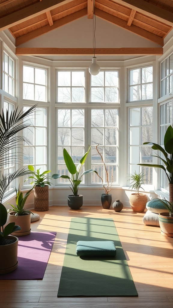 A serene sunroom with yoga mats and plants, perfect for relaxation and meditation.