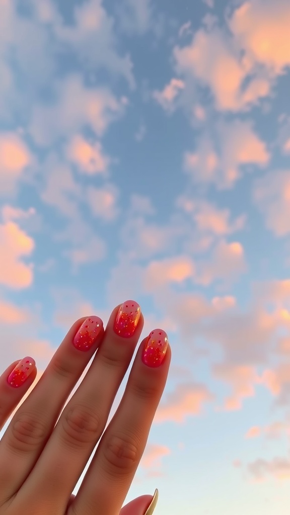 A hand with sunset glitter nails against a colorful sky.