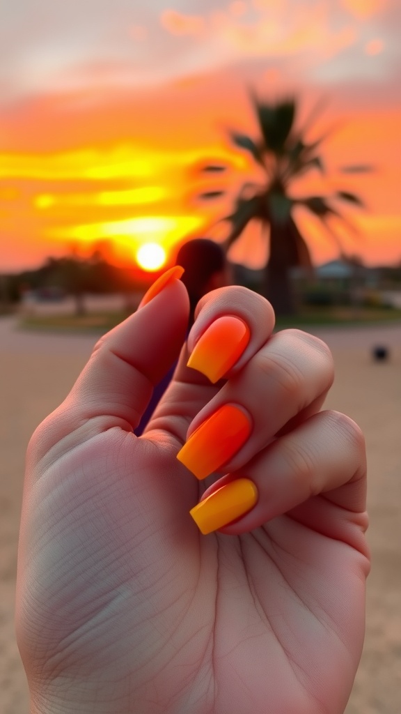 Nails featuring a gradient from orange to yellow against a sunset backdrop
