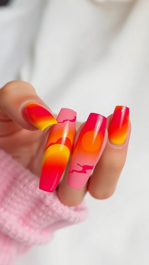 A hand showing colorful sunset-themed acrylic coffin nails in shades of pink, orange, and yellow.