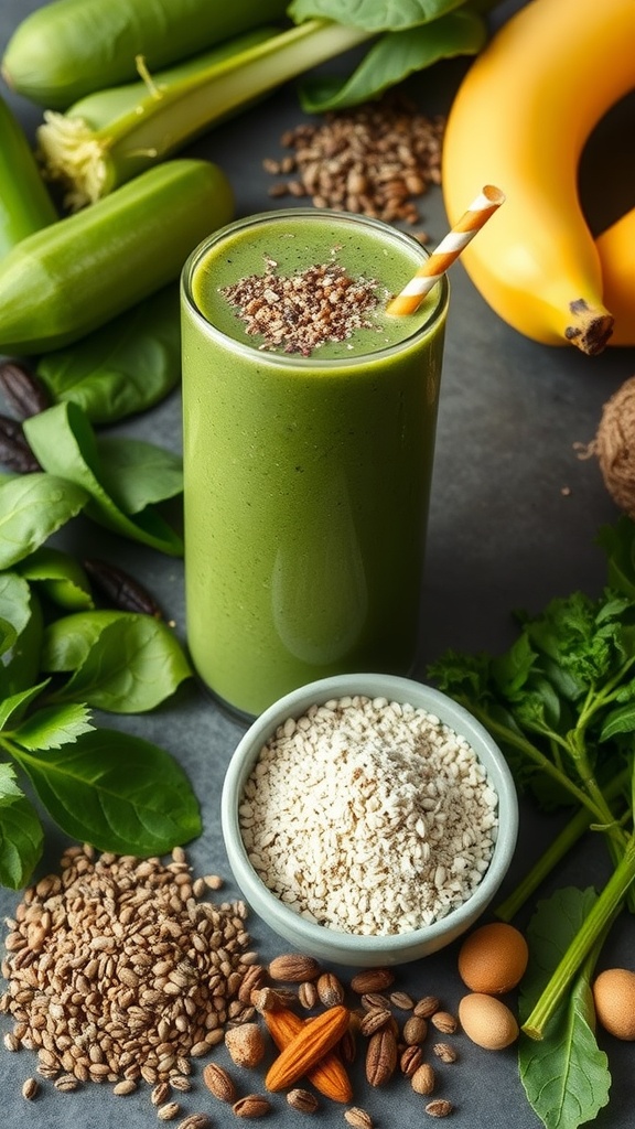 A green smoothie with spinach and banana, surrounded by fresh ingredients.