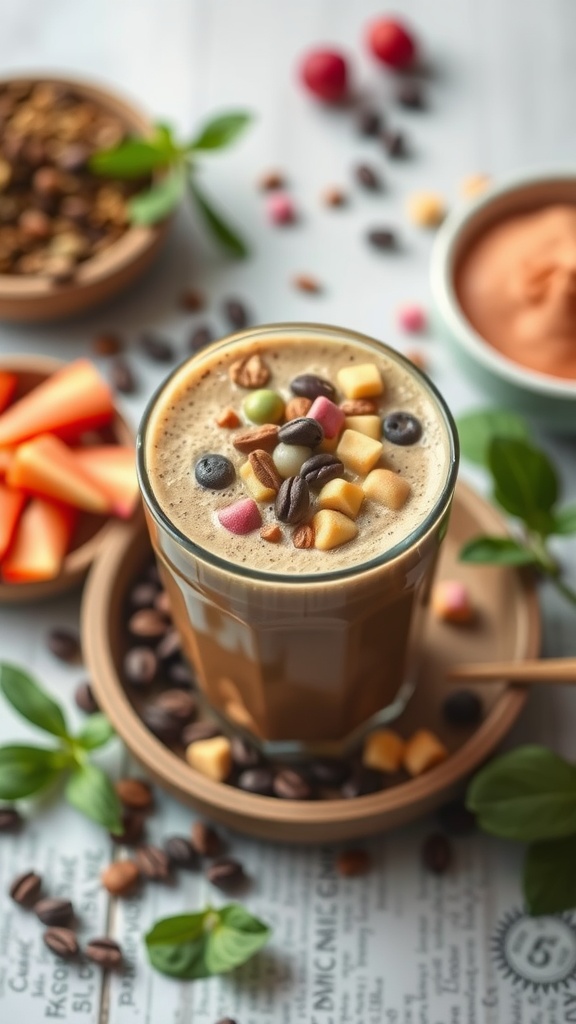 A vibrant superfood coffee smoothie topped with various healthy toppings.