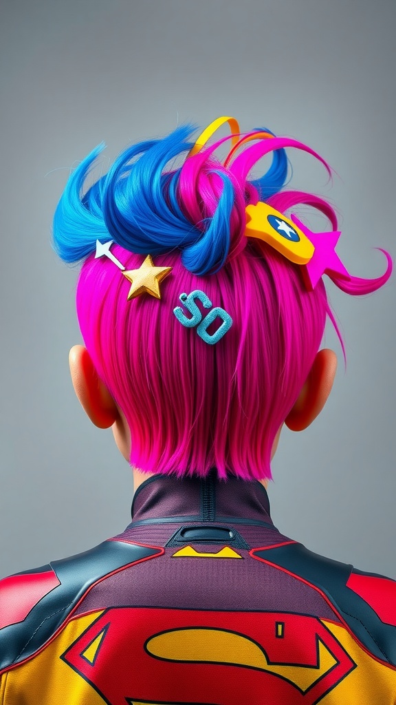A vibrant superhero-inspired hairstyle featuring bright pink and blue colors with playful accessories.
