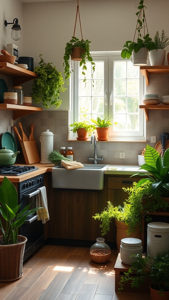 A cozy kitchen filled with plants and natural light, ideal for preparing healthy meals.
