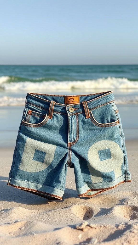 A pair of cut-off denim shorts displayed on a beach.