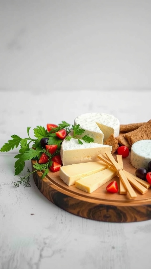 A stylish cheese board featuring various types of cheese, fresh strawberries, and herbs on a wooden platter.