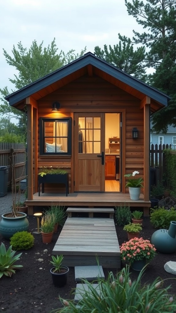 A small wooden house surrounded by plants and flowers, featuring a welcoming porch.