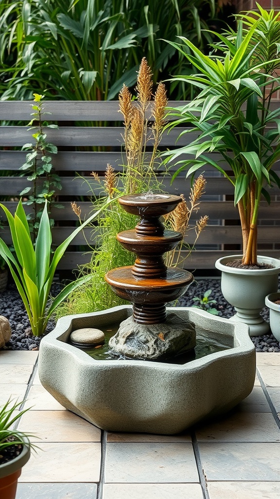 A small, tiered water fountain surrounded by green plants on an outdoor patio.