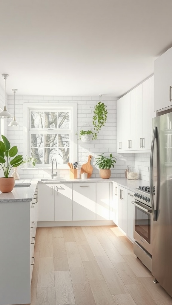 Bright white kitchen with plants and modern appliances