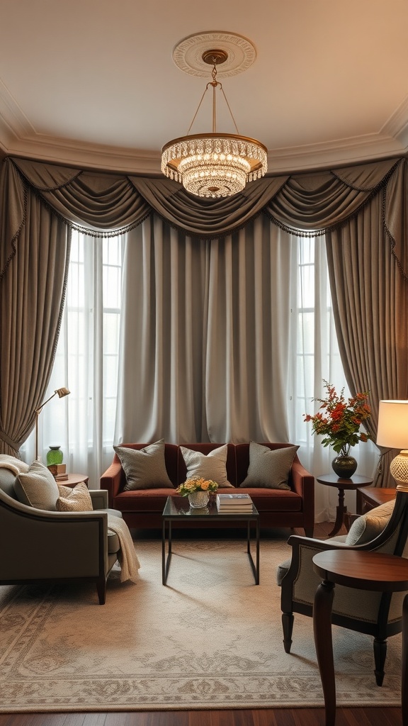 Elegant living room featuring swagged curtains and a chandelier