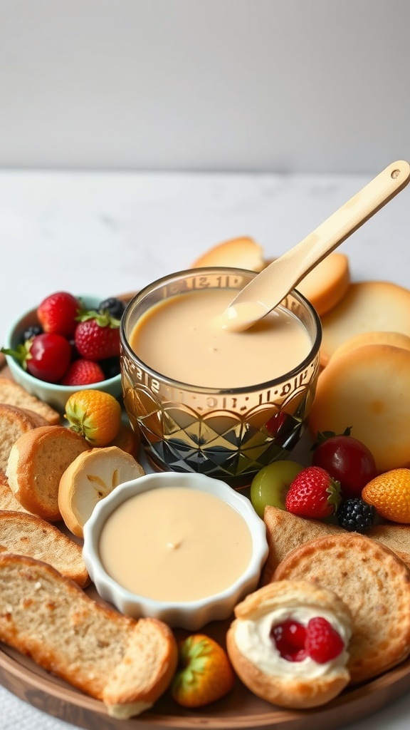 A delicious spread of sweet almond vanilla fondue with fresh fruits and snacks.