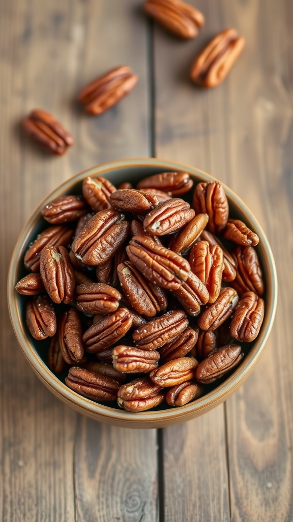 A bowl of candied pecans on a wooden table.
