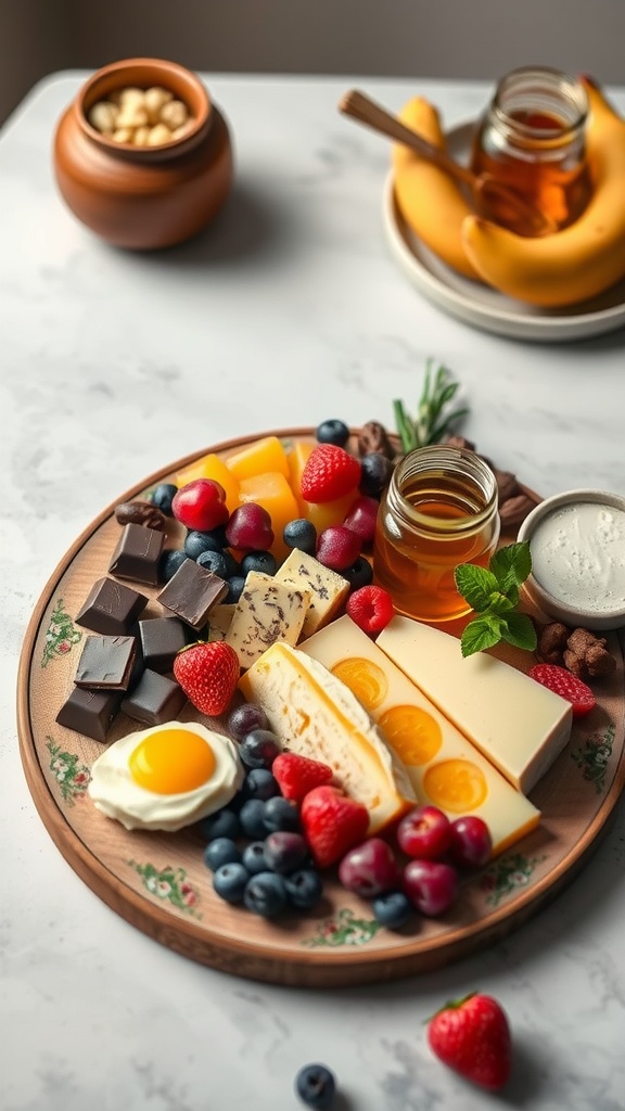 A beautifully arranged dessert cheese board featuring various cheeses, fresh fruits, chocolate, and honey.