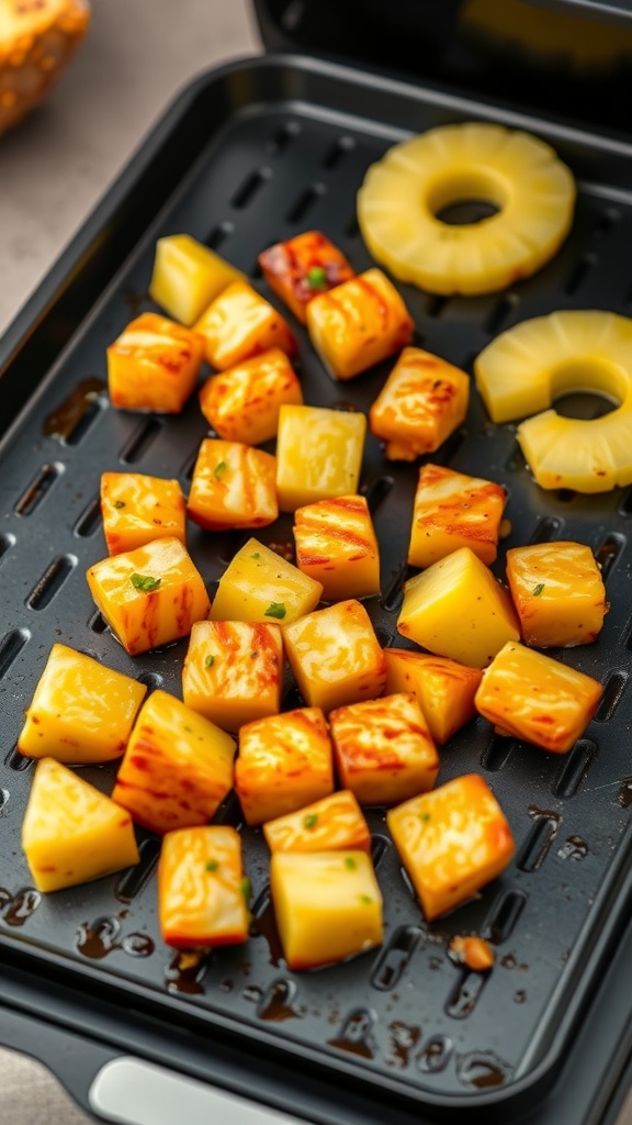 A delicious plate of Sweet and Sour Pineapple Chicken featuring diced chicken and caramelized pineapple.
