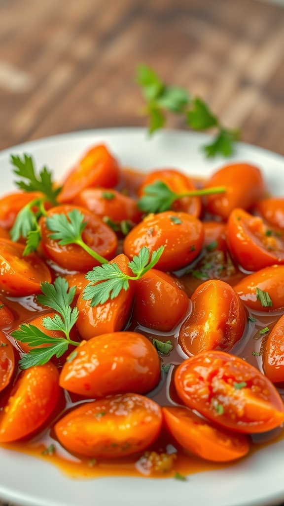 A plate of sweet and sour stewed tomatoes garnished with parsley.