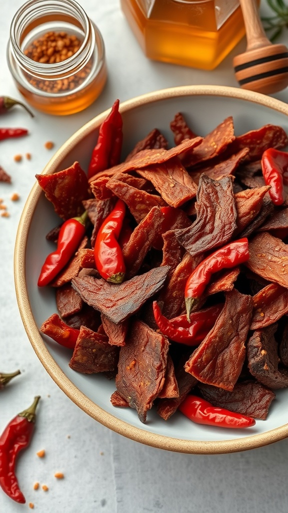 A bowl of sweet and spicy beef jerky with red chilies.