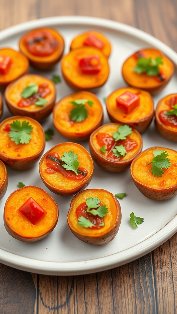 Sweet and Spicy Mini Potato Bites on a plate, garnished with cilantro.
