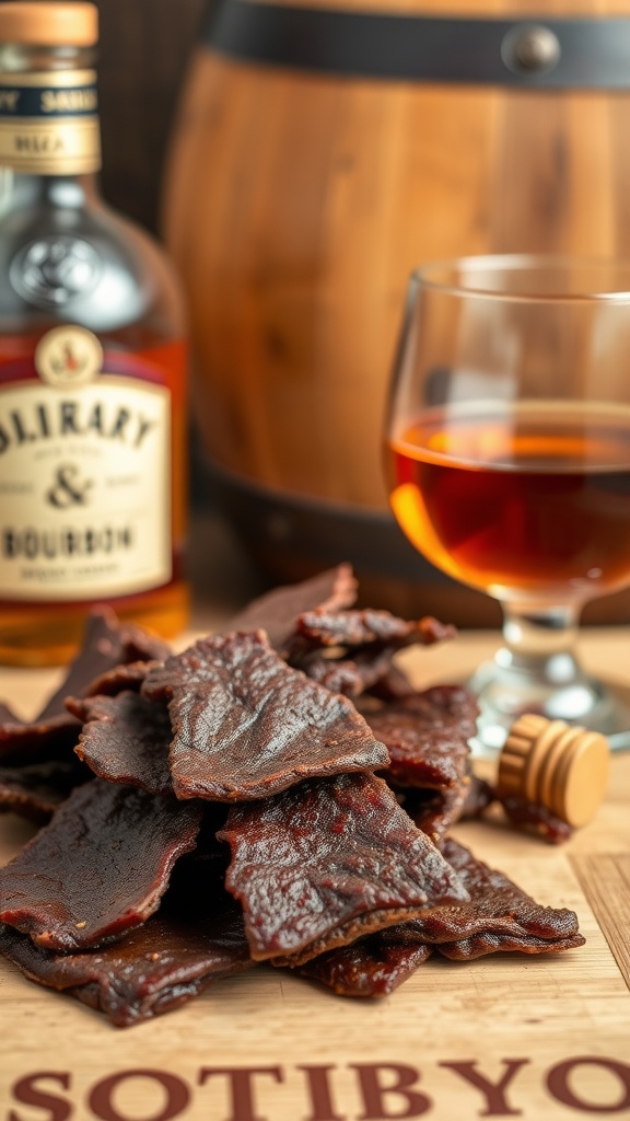 A plate of Sweet Bourbon Beef Jerky stacked next to a glass of bourbon and a honey dipper.