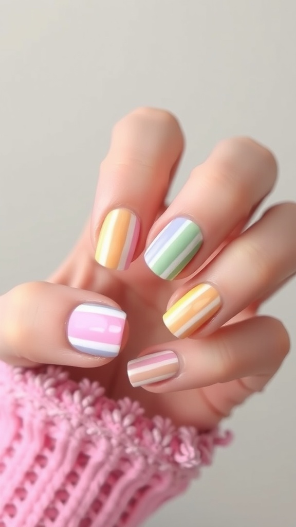 Colorful striped short nails with pastel shades