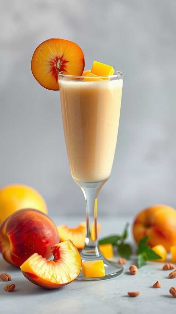 A refreshing Sweet Peach Mango Fusion smoothie in a glass, garnished with a slice of peach and mango cubes.