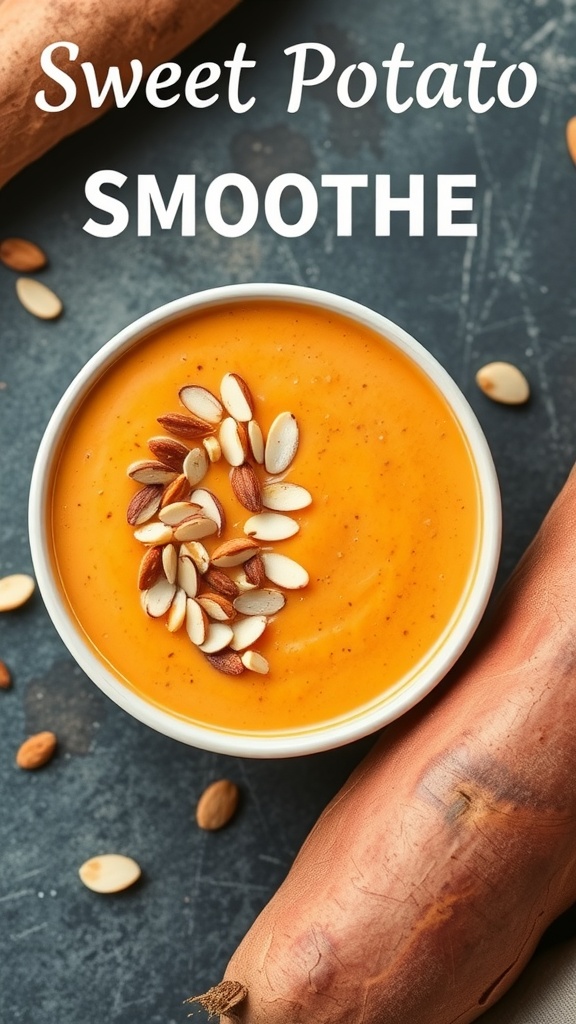 A creamy sweet potato smoothie topped with almonds.