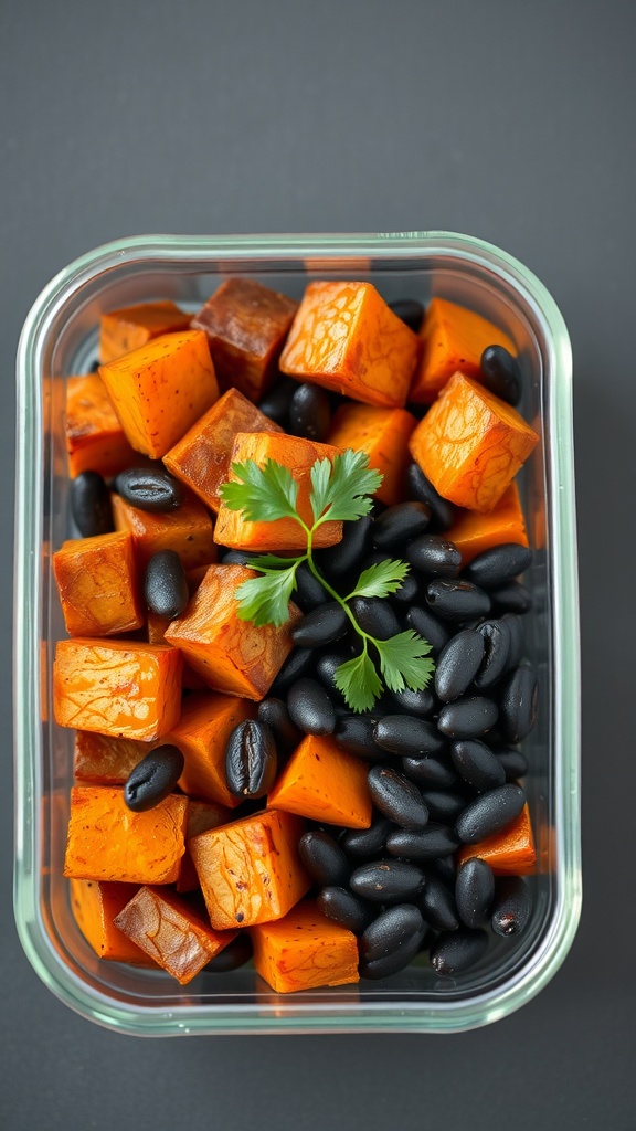 A bento box filled with cubed roasted sweet potatoes and black beans topped with cilantro.