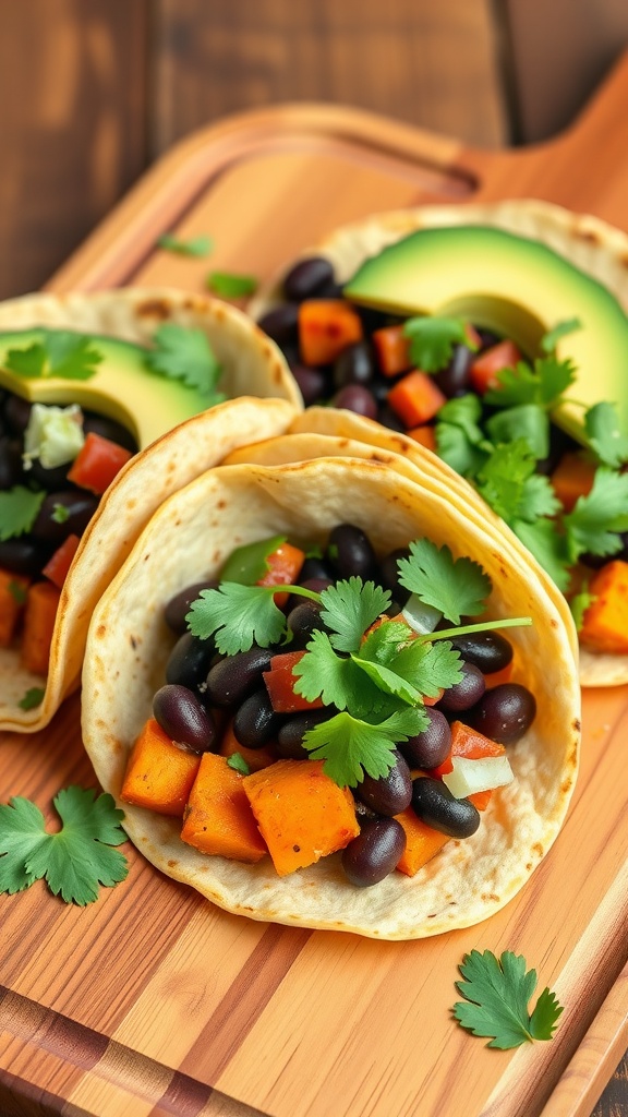 Sweet potato and black bean tacos with avocado and cilantro