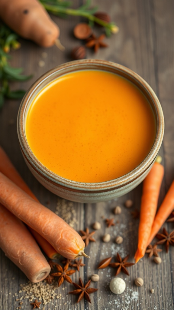 A bowl of glowing orange smoothie with sweet potatoes and carrots around it.