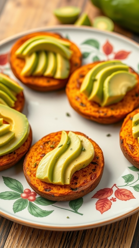 Sweet potato blinis topped with sliced avocado on a decorative plate.