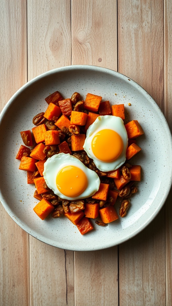 A plate of sweet potato hash topped with poached eggs and garnished with parsley.