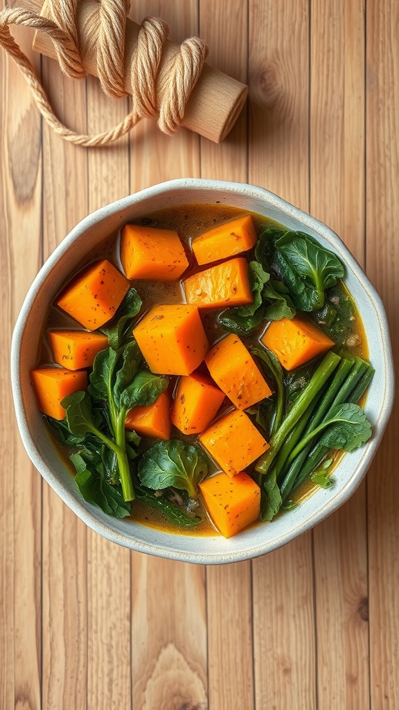 A bowl of sweet potato ramen with green vegetables