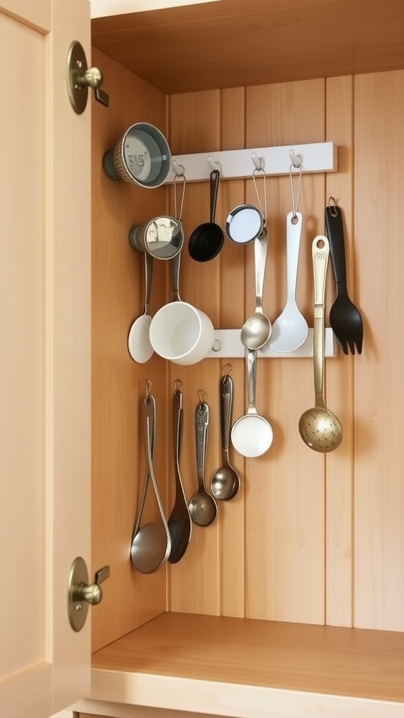 Interior of a kitchen cabinet with utensils organized on hooks.