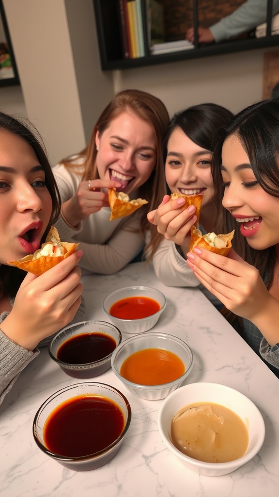 A delicious platter of crab rangoon with various dipping sauces.