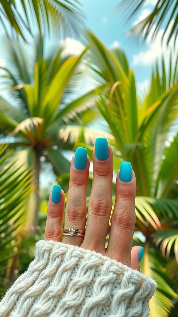 Close-up of teal to aqua ombre nails against a tropical background
