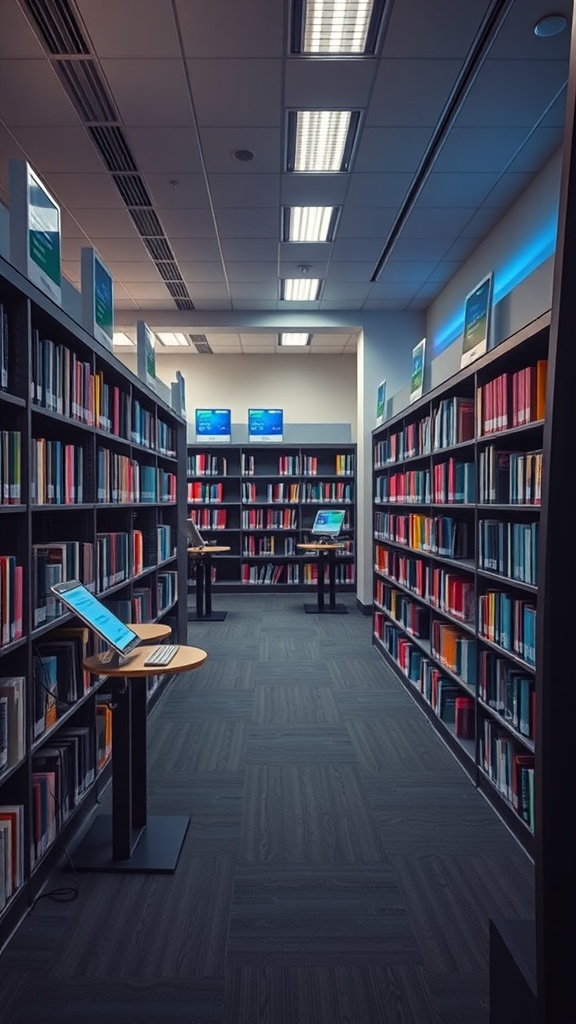 A modern library room with bookshelves, computers, and a bright, inviting atmosphere.