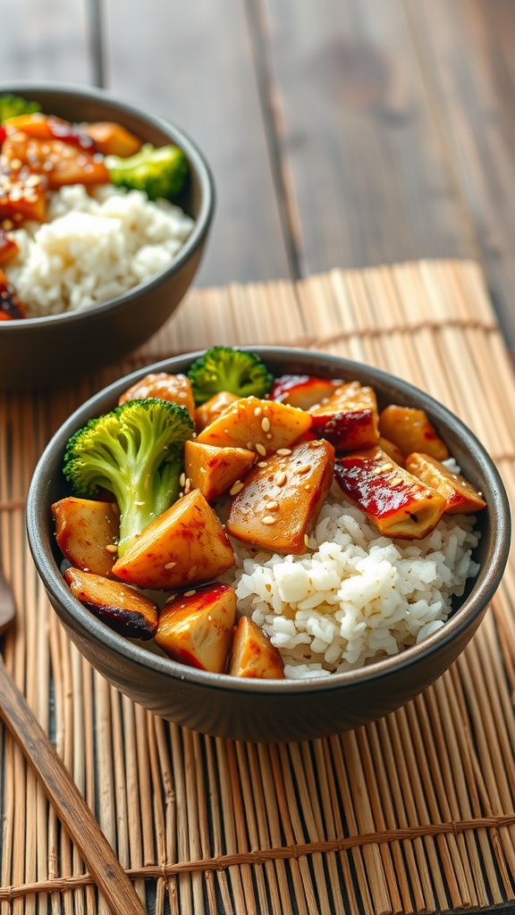 A delicious teriyaki chicken bowl with rice and broccoli.