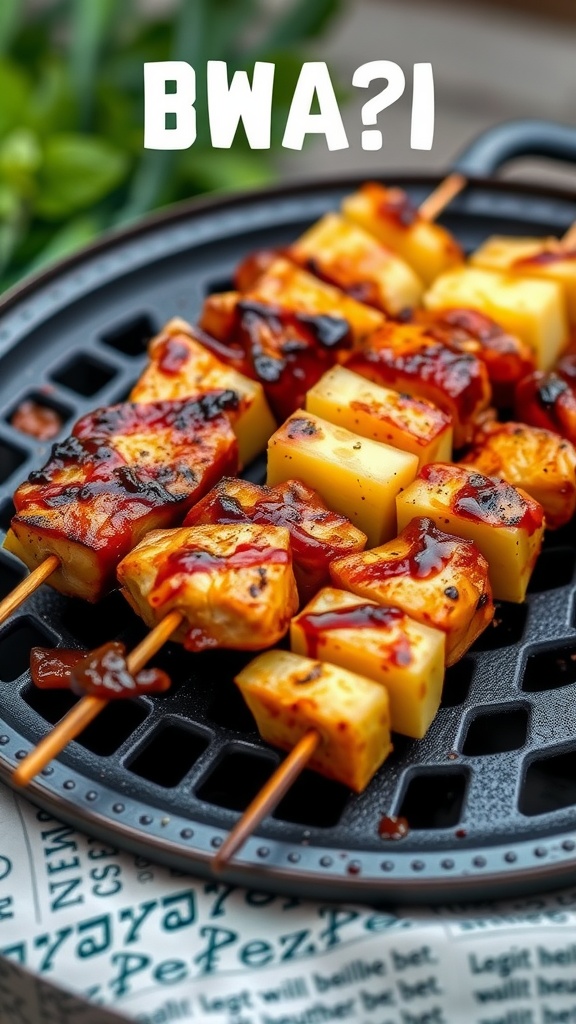 Delicious teriyaki chicken pineapple skewers ready for grilling