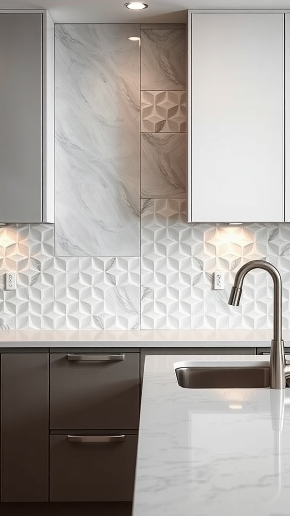 Kitchen with textured backsplash panels in light colors.