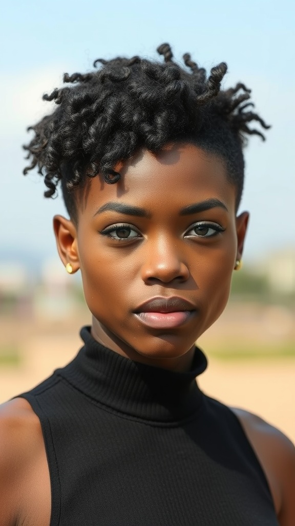A woman with a textured crop hairstyle featuring defined curls, wearing a black sleeveless top.