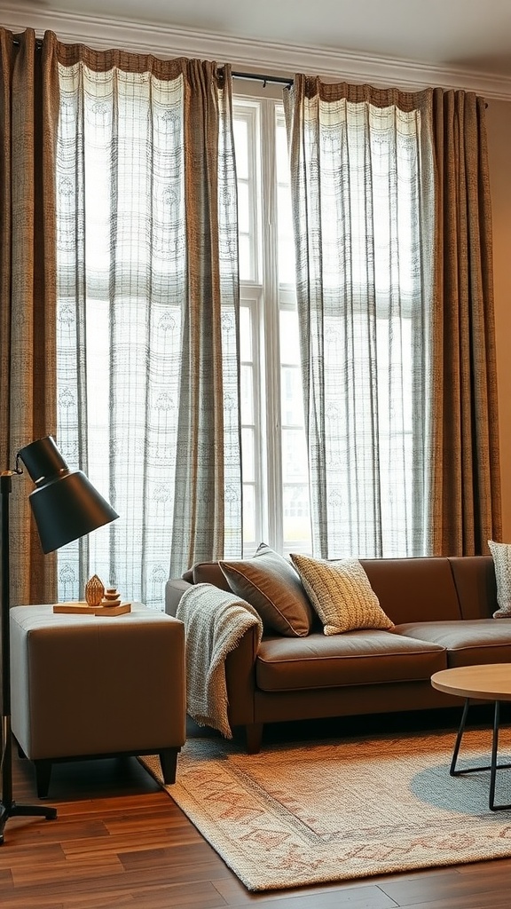Living room with textured curtains, a brown sofa, and a stylish lamp.