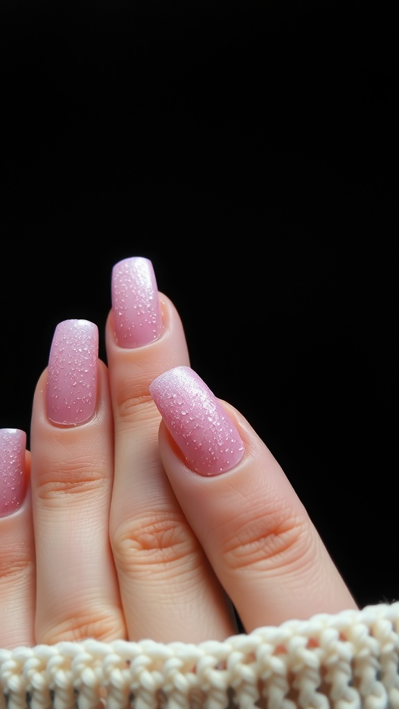 Close-up of pink and white textured nails with a shiny finish