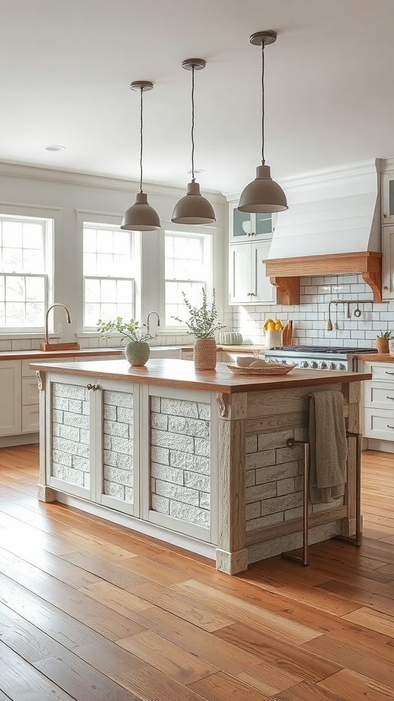A modern kitchen island featuring a textured stone finish and a wooden countertop.