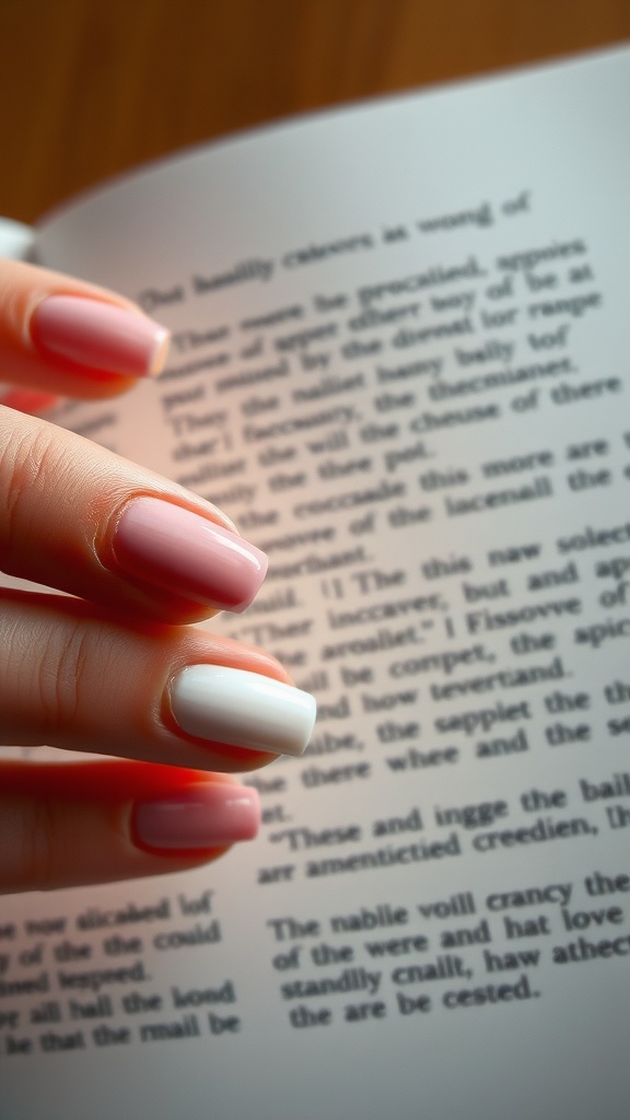Close-up of hands showing textured matte and glossy nails in soft pink and white colors.