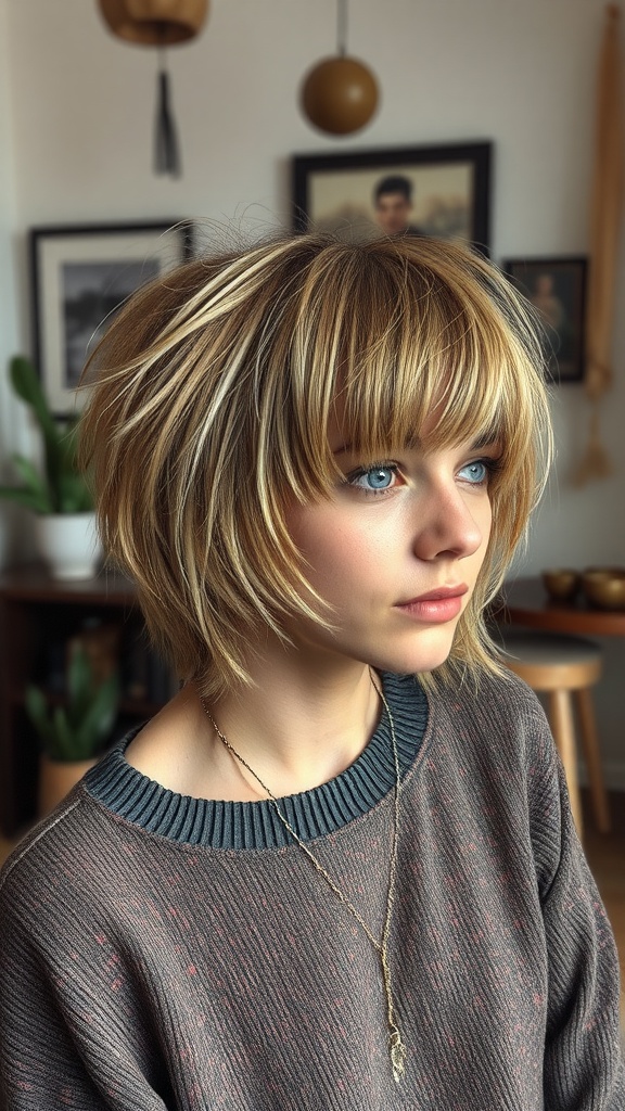 A young woman with a textured shag haircut, looking thoughtful in a cozy setting.