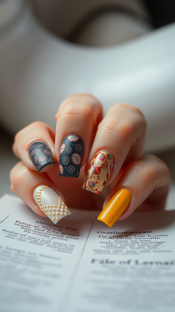 A close-up of textured square nails featuring various designs and colors.